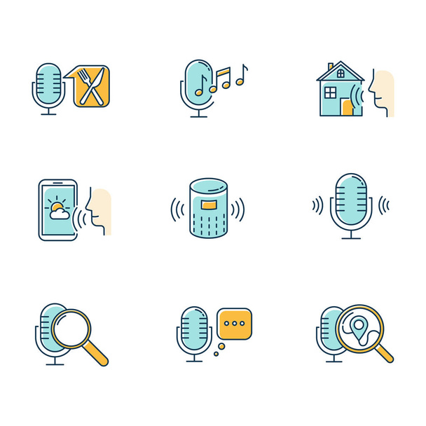 Blue voice control system color icons set. Sound requests idea. Different microphones. Music recognition, sound record. Virtual asisstance, standart voice commands. Isolated vector illustrations - Vector, imagen