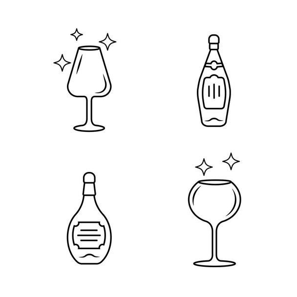 Alcohol drink glassware linear icons set. Wine service elements. Crystal glasses shapes. Drinks and beverages types. Thin line contour symbols. Isolated vector outline illustrations. Editable stroke - Vetor, Imagem