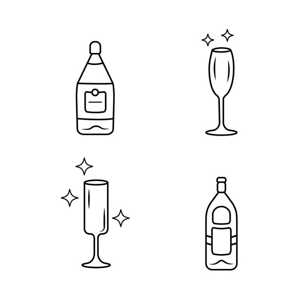 Alcohol drink glassware linear icons set. Wine service. Crystal glasses shapes. Wine and gin bottles with labels. Thin line contour symbols. Isolated vector outline illustrations. Editable stroke - Vetor, Imagem