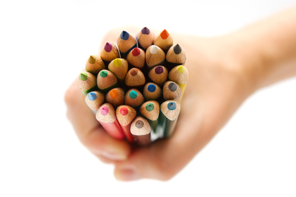 Hand holding color pencils - 写真・画像