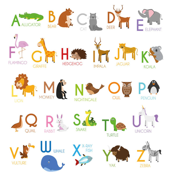 Lindo zoológico de dibujos animados ilustrado alfabeto con animales divertidos. Alfabeto inglés. Aprende a leer. Ilustración vectorial aislada
. - Vector, imagen