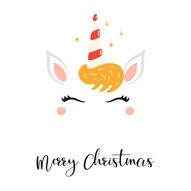 handgezeichnete Karte mit niedlichem Einhorngesicht mit Zuckerrohrhorn, Sternen, Text frohe Weihnachten isoliert auf weißem Hintergrund. Konzept für Urlaubsdruck - Vektor, Bild