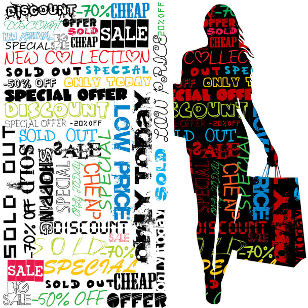 Concetto di shopping con silhouette di donna che tiene borse della spesa
 - Vettoriali, immagini