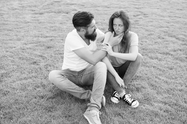 hipster man with beard try to console girl. misunderstanding in relationship. relations problem. family couple psychologist. aggression and violence. let me make you happy. dont touch me - Fotografie, Obrázek