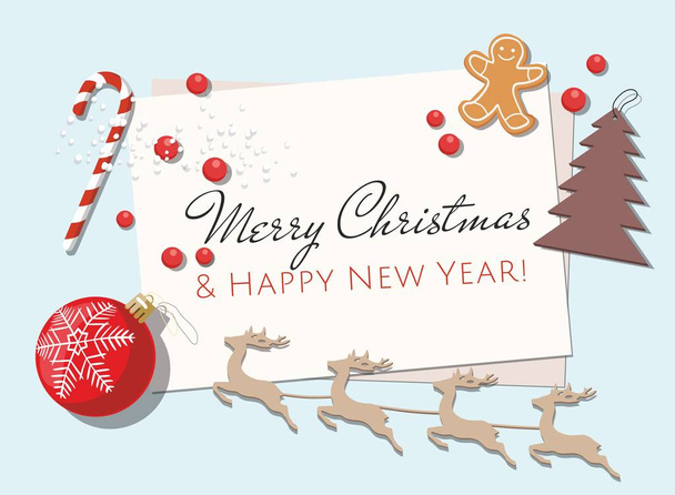Πρωτοχρονιάτικο και Χριστουγεννιάτικο φόντο με μπισκότο, ξύλινο ελάφι και μπάλες Χριστουγέννων.  - Διάνυσμα, εικόνα