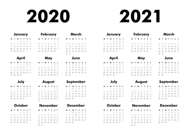 Векторний календар на 2020 рік, 2021 рік. Тиждень починається з понеділка. Шаблон канцелярського календаря в мінімальному дизайні. Щорічний організатор. Бізнес-ілюстрація
. - Вектор, зображення