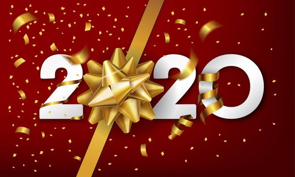 2020 Happy New Year vector background with golden gift bow and confetti. Christmas celebrate design - Vector, Image