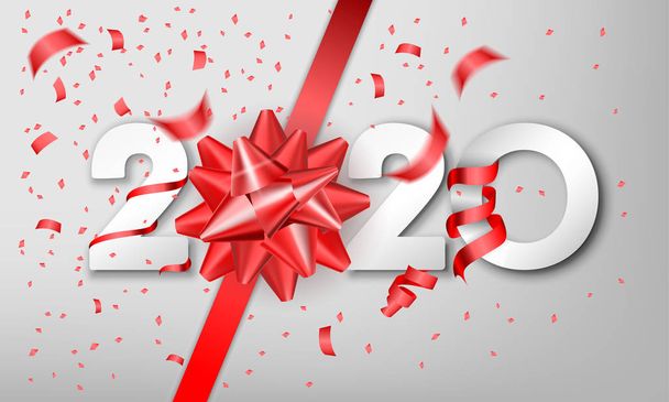 2020 Happy New Year vector achtergrond met gouden gift boog en confetti. Kerstfeest ontwerp - Vector, afbeelding