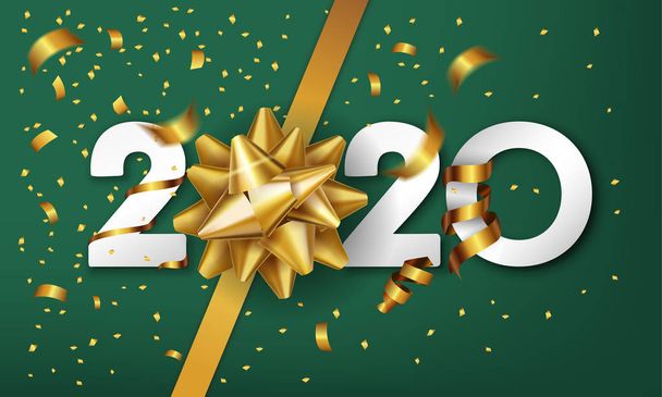 2020 Happy New Year vector background with golden gift bow and confetti. Christmas celebrate design - Vector, Image