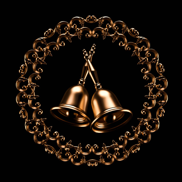Beautiful metal vintage frame with Christmas bell isolated on black background. 3d illustration, 3d rendering. - Photo, image