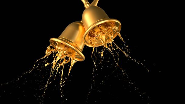 A beautiful metallic Christmas bell and a splash of gold. 3d illustration, 3d rendering. - Foto, Imagen