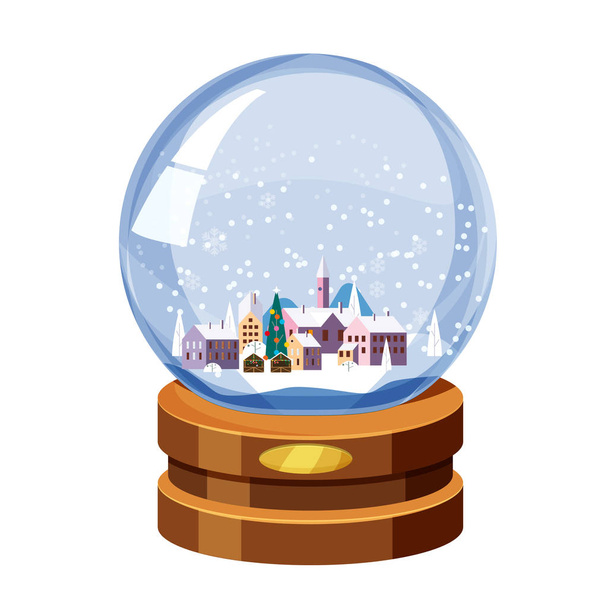 Kerst souvenir sneeuwbol met kleine stad in de winter dennenboom. Vectorillustratie geïsoleerd - Vector, afbeelding
