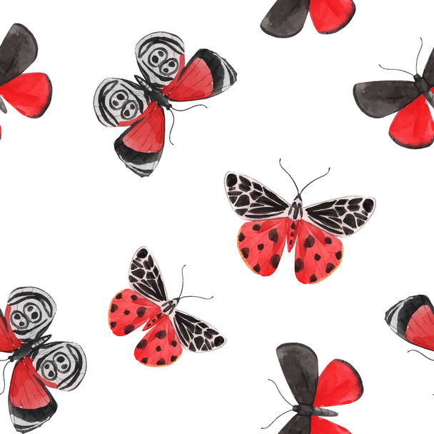 Beautiful vector watercolor red butterfly seamless pattern. Colorful insects. Hand drawn artwork. Ready wallpaper or print. White background. Beauty of nature. - Vector, Imagen