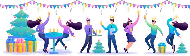 Concept de célébration d'entreprise, les jeunes employés de l'entreprise s'amusent, dansent, boivent du champagne
 - Vecteur, image