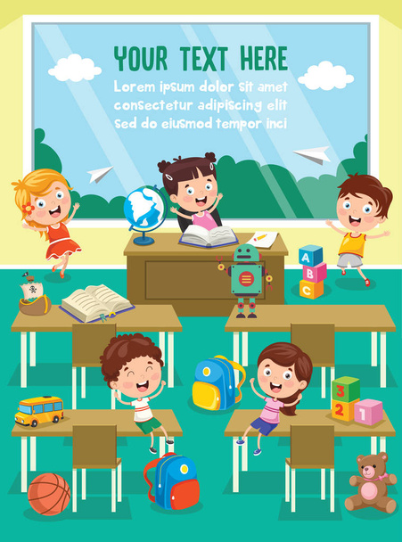 Little Children Studying And Playing At Preschool Classroom - Vector, Image