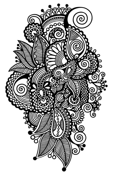 Black line art ornate flower design, ukrainian ethnic style - Вектор,изображение
