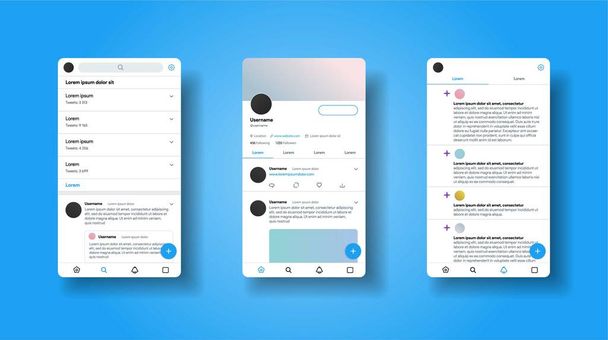 Social media network inspired by Twitter. Mobile app interface. Blog platform. Account with tweet and repost. Tweeter mobile interface design. Vector illustration. - ベクター画像