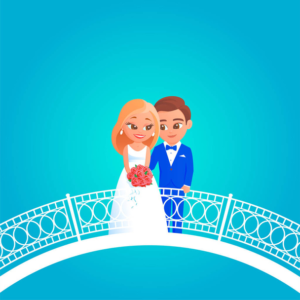 Happy bride and groom are standing on the bridge. - Vector, Image