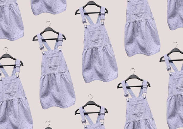 Purple dotted Children Corduroy overalls dress on hanger isolated on beige background. Composition of children's clothes. Flat lay. Clothes pattern. Children's clothes pinafore - Photo, Image