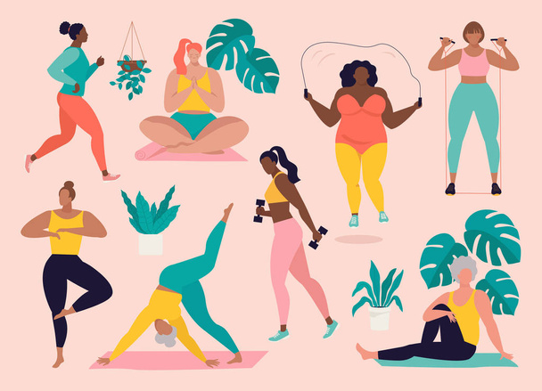 Women different sizes, ages and races activities. Set of women doing sports, yoga, jogging, jumping, stretching, fitness. Sport women vector flat illustration isolated pink background. - Вектор, зображення