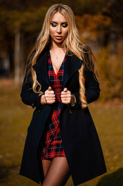 Sexy long-haired blonde in a checkered dress walks in the autumn square. Photoshoot in the autumn park - Foto, Bild