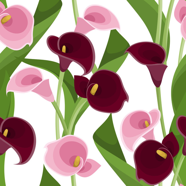 Seamless pattern with pink and purple calla lilies on white. Vector illustration. - Vetor, Imagem