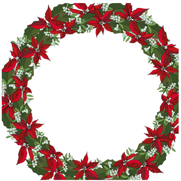Vector christmas wreath. From red poinsettia and cinnamon, and mistletoe, on a white background. Christmas decoration on white. Vector EPS 10. - Vektör, Görsel