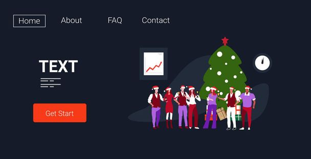 businesspeople in santa hats celebrating corporate party colleagues drinking champagne standing near fir tree merry christmas happy new year winter holidays concept full length horizontal copy space - Vector, Image