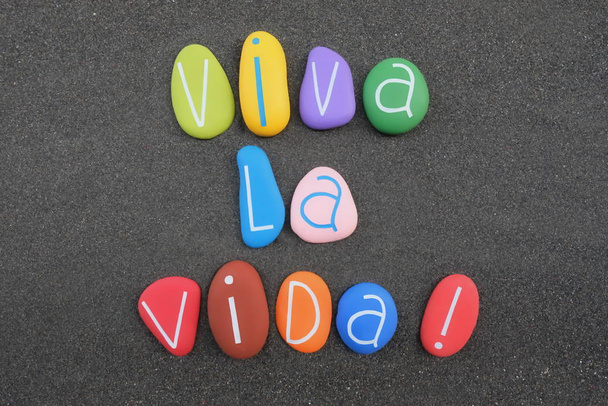 Viva la Vida, Ισπανική Ζωντανή Ζωή που αποτελείται από πολύχρωμα και σκαλιστά πέτρινα γράμματα πάνω από τη μαύρη ηφαιστειακή άμμο - Φωτογραφία, εικόνα