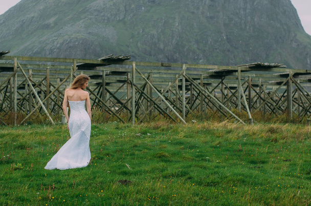 Bruid van achteren in witte jurk op groene weide, visdrogers  - Foto, afbeelding