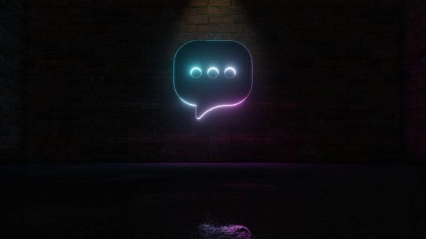 3D rendering of blue violet neon symbol of rounded chat bubble icon on brick wall - Photo, Image