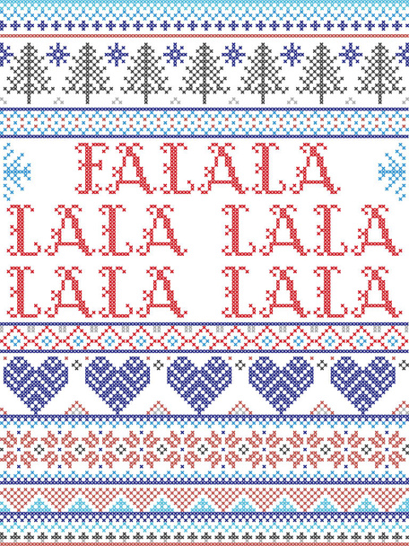 Padrão de Natal escandinavo inspirado por Fala lala lala carol elementos festivos em ponto de cruz com coração, floco de neve, árvore de Natal, estrela, flocos de neve em vermelho, azul, branco
 - Vetor, Imagem