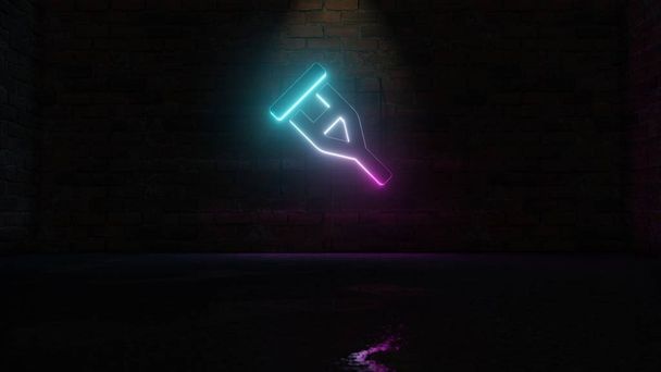 3D rendering of blue violet neon symbol of crutch icon on brick wall - Photo, Image