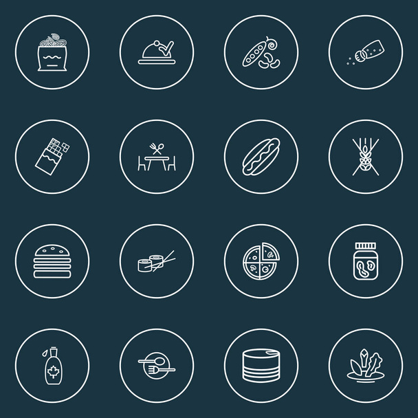 Eszik ikonok vonal stílus készlet sushi tekercs, gluténmentes, hagyma tekercs és egyéb gyógyászati elemek. Izolált vektor illusztráció eszik ikonok. - Vektor, kép