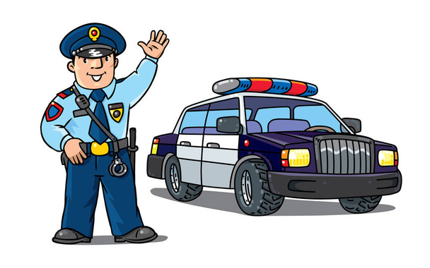 Αστυνομικός με στολή και περιπολικό. Σύνολο κινουμένων σχεδίων - Διάνυσμα, εικόνα
