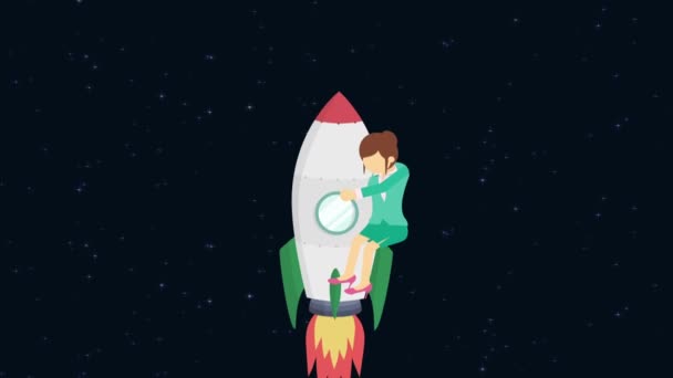 Gelukkige zakenvrouw vliegt op een raket door de ruimte. Business startup, sprong, en ondernemerschap concept. Loop animatie stijl. - Video
