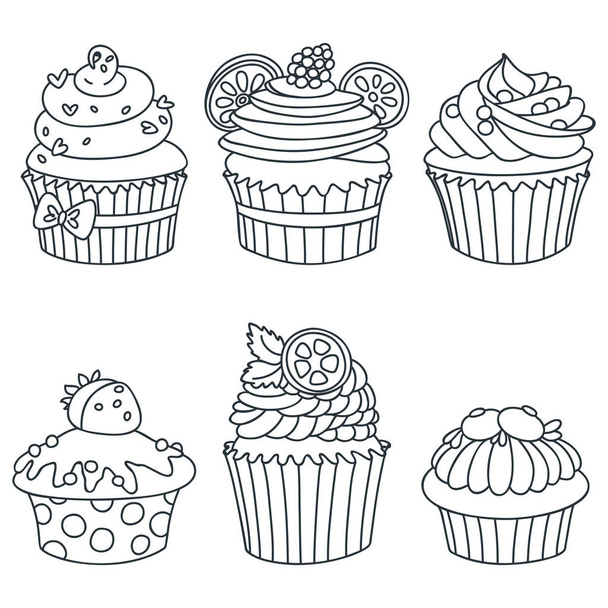 Set of cupcakes. Black-n-white Hand drawn illustration of cupcakes decorated with cream, raspberry, hearts, mint, citrus, blueberry and cookies. Isolated on white background. Vector 8 EPS. - ベクター画像