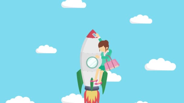 Gelukkige zakenvrouw vliegend op een raket door de blauwe lucht. Business startup, sprong, en ondernemerschap concept. Loop animatie stijl. - Video