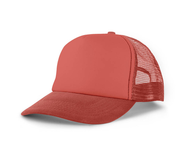 Side View Realistic Cap Mock Up In Peach Echo Colorは高解像度の帽子モックアップで、デザインやブランドロゴを美しく表示するのに役立ちます。. - 写真・画像