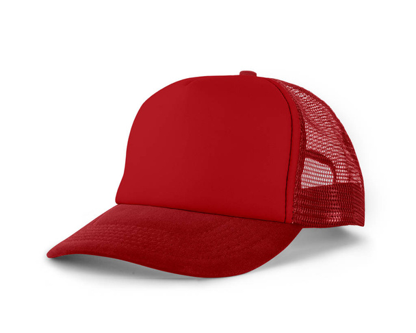Side View Realistic Cap Mock Up In Flame Scarlet Colorは高解像度の帽子モックアップで、デザインやブランドのロゴを美しく表示するのに役立ちます。. - 写真・画像