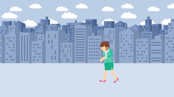 Businesswoman walking. Jump over the hole of big city. Metropolis. Buildings. Get caught in a trap. Business concept. Loop animation. - Footage, Video