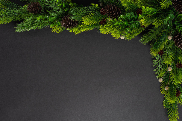 Christmas tree branches on the black background. flat lay, top view with copy space - Фото, зображення