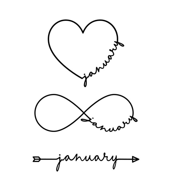 Ιανουάριος - λέξη με σύμβολο απείρου, ζωγραφισμένη στο χέρι καρδιά, μια μαύρη γραμμή βέλους. Μινιμαλιστικό σχέδιο της απεικόνισης φράσεων - Διάνυσμα, εικόνα