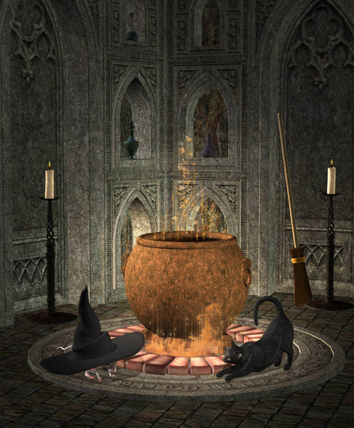 Siedender Hexenkessel in einer gotischen Krypta mit schwarzer Katze - Foto, Bild