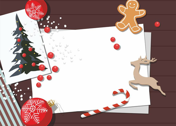 Ano Novo e fundo de Natal com biscoito, cartão de saudação e bolas de Natal
.  - Vetor, Imagem