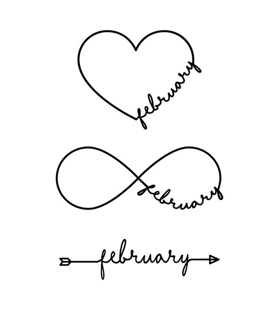 Fevereiro - palavra com símbolo de infinito, coração desenhado à mão, uma linha de seta preta. Desenho minimalista de ilustração de frase
 - Vetor, Imagem