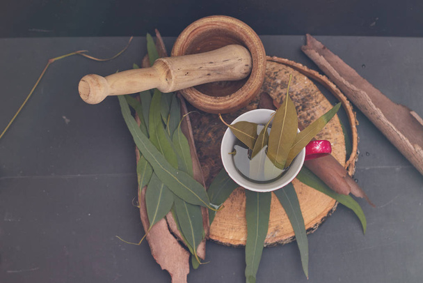 эвкалиптовая медицина чай за деревом на темном фоне
 - Фото, изображение