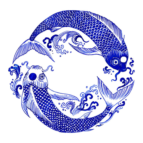Beautiful vintage ink chinese Koi fish in chinoiserie style for fabric or interior design. Hand drawn vector illustration. - Φωτογραφία, εικόνα