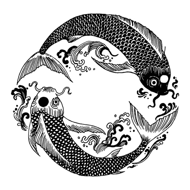 Beautiful vintage ink chinese Koi fish in chinoiserie style for fabric or interior design. Hand drawn vector illustration. - Foto, Imagen