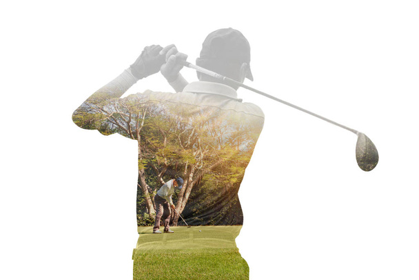 Dupla exposição de jogador de golfe segurando clube com campo de golfe
. - Foto, Imagem